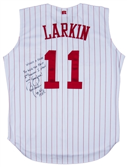 1995 Barry Larkin Game Used and Signed/Inscribed Cincinnati Reds Sleeveless Vest Home Jersey (Boone LOA & PSA/DNA)
